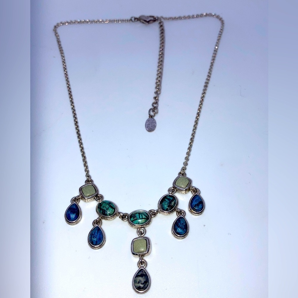 LC Liz Claiborne Silver Tone & Blue Green Stone Egyptian Necklace 17” + 3.5” Ext